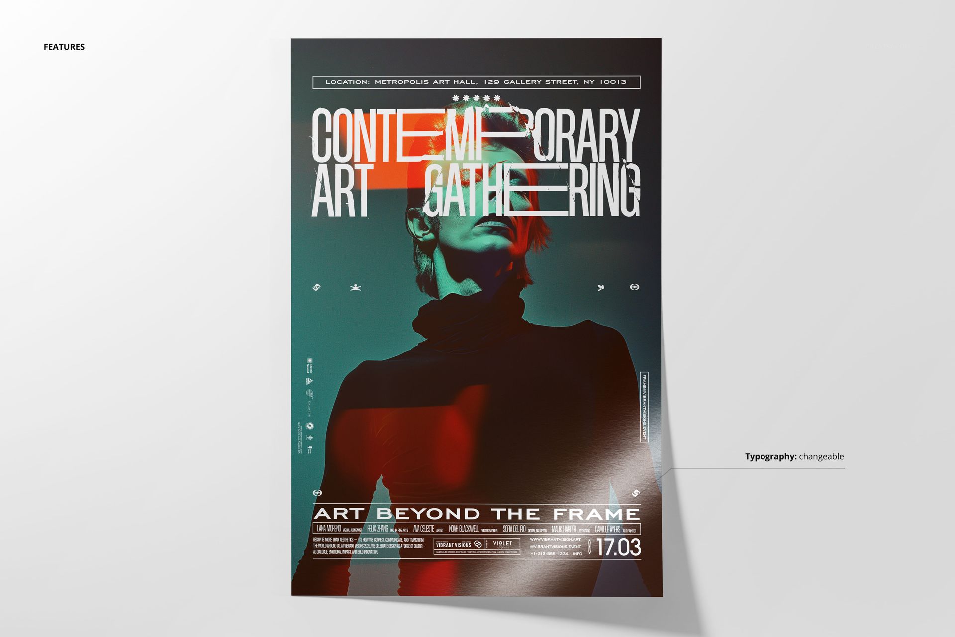 Front view of a poster mockup featuring a stylized portrait with bold contemporary typography and abstract color overlay.