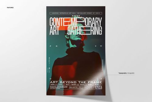 Front view of a poster mockup featuring a stylized portrait with bold contemporary typography and abstract color overlay.