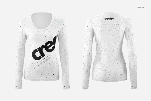 Front and back view of a women's long sleeve shirt mockup with a white base and black text design, displayed on a neutral background.