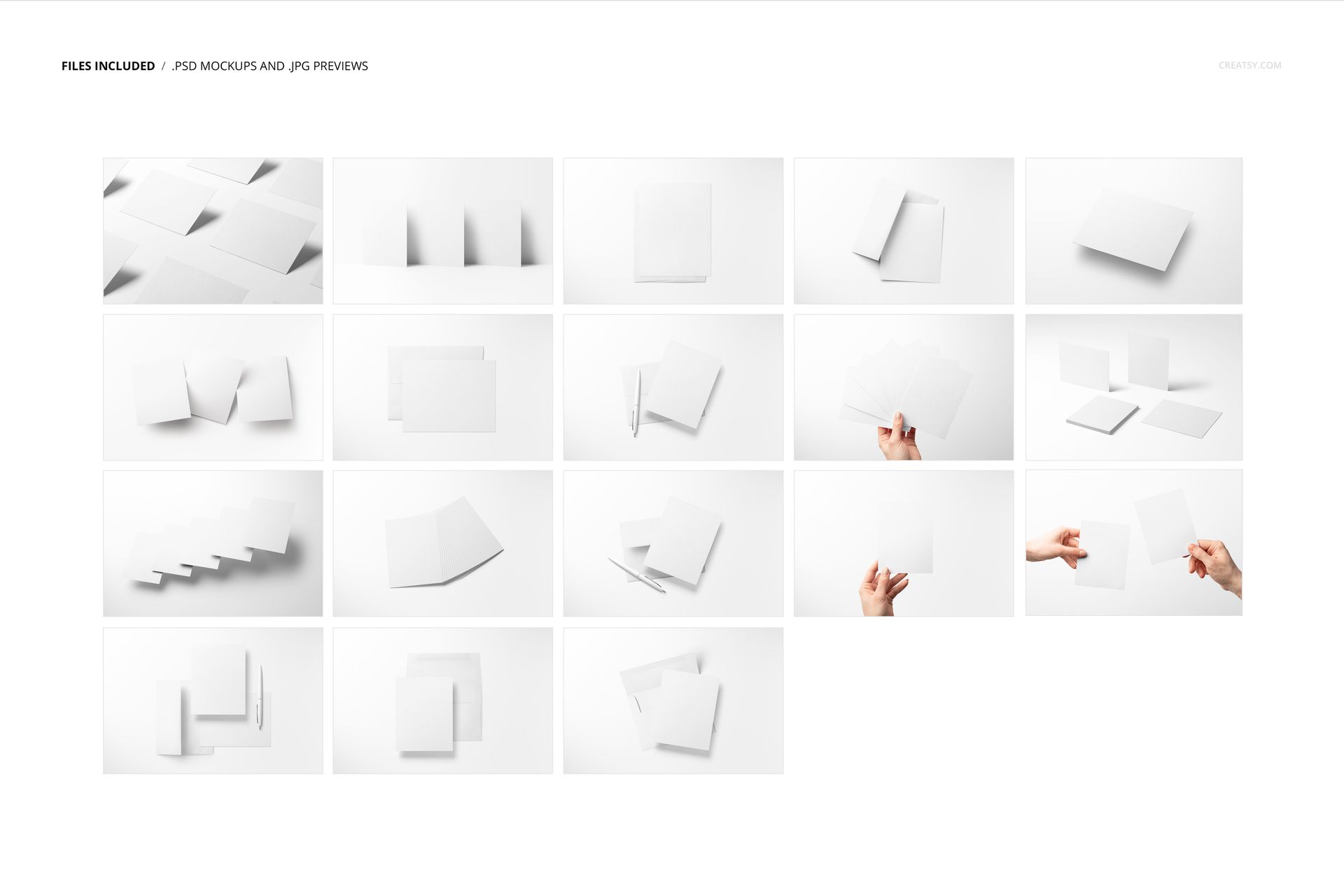 A2 cards and envelopes stationery mockup set displayed in various arrangements on a white background, front and top views.