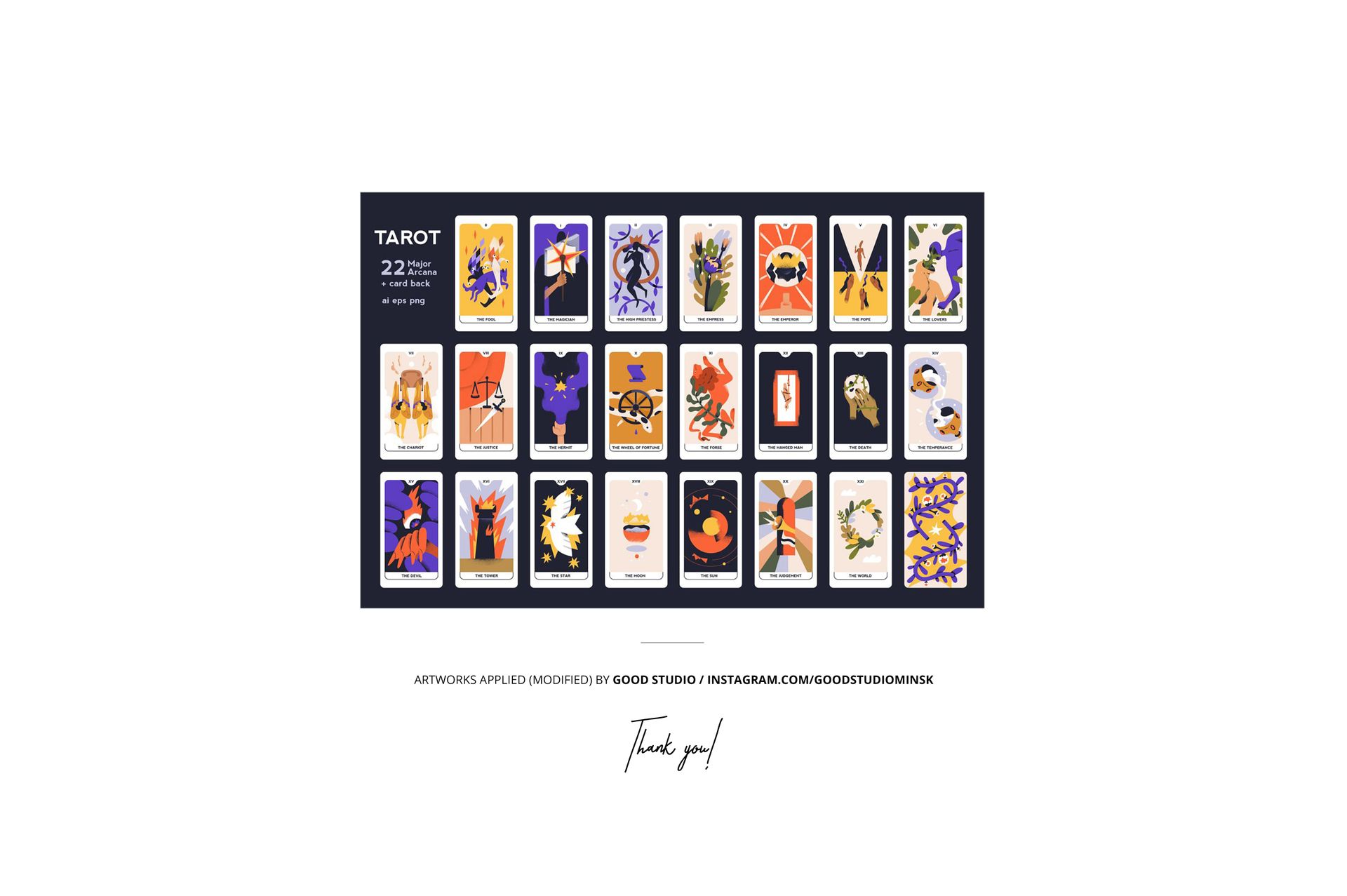 Front view of a tarot cards mockup set displaying twenty-two illustrated cards with bold, colorful designs on a dark background.