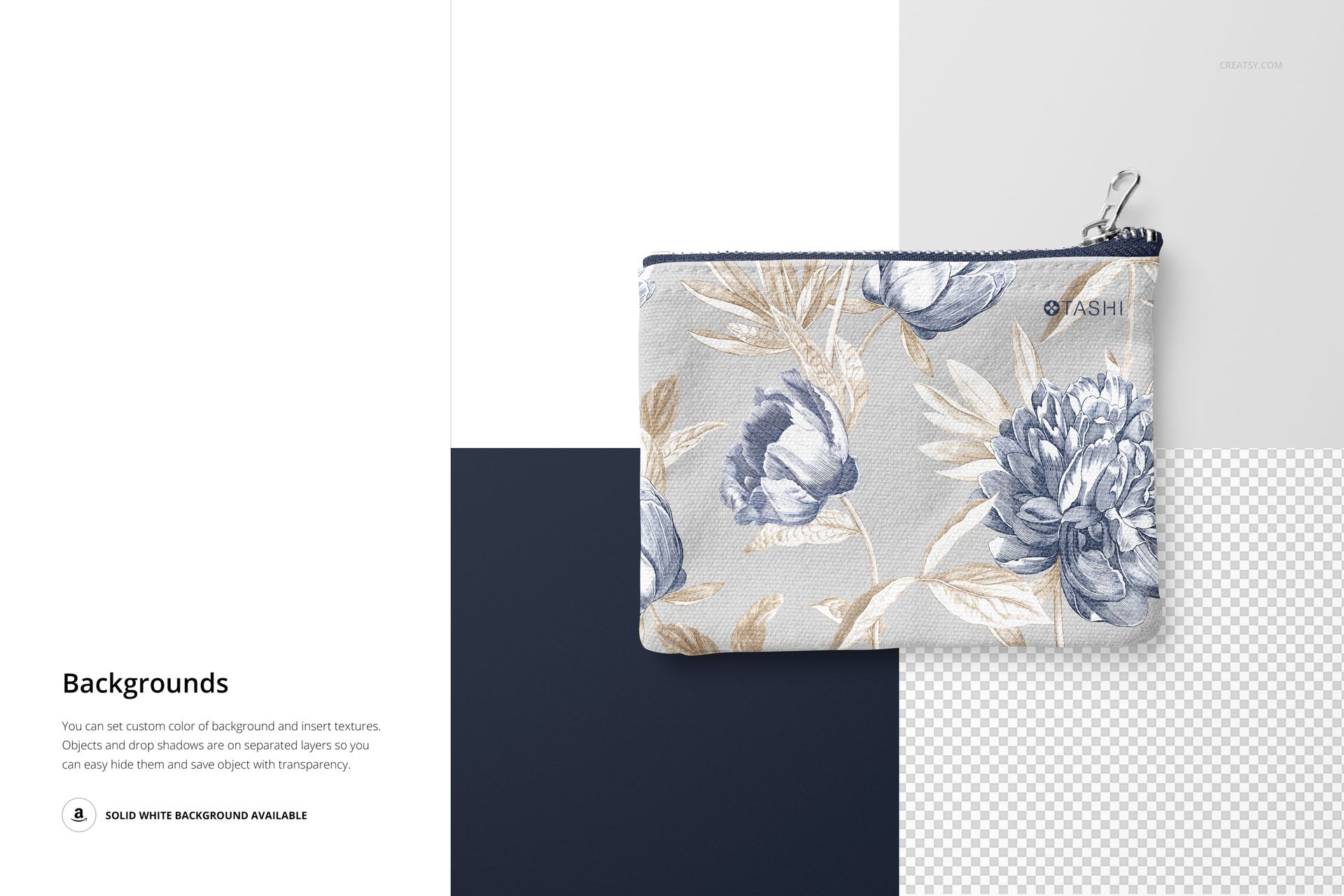 Flat canvas pouch with blue and beige floral pattern, shown from above on a layered background with zipper detail.