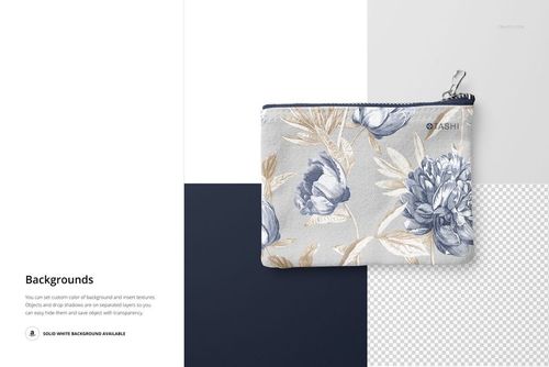 Flat canvas pouch with blue and beige floral pattern, shown from above on a layered background with zipper detail.