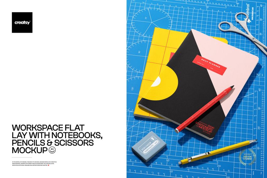 Workspace Flat Lay with Notebooks, Pencils and Scissors Mockup - mockup screenshot 1