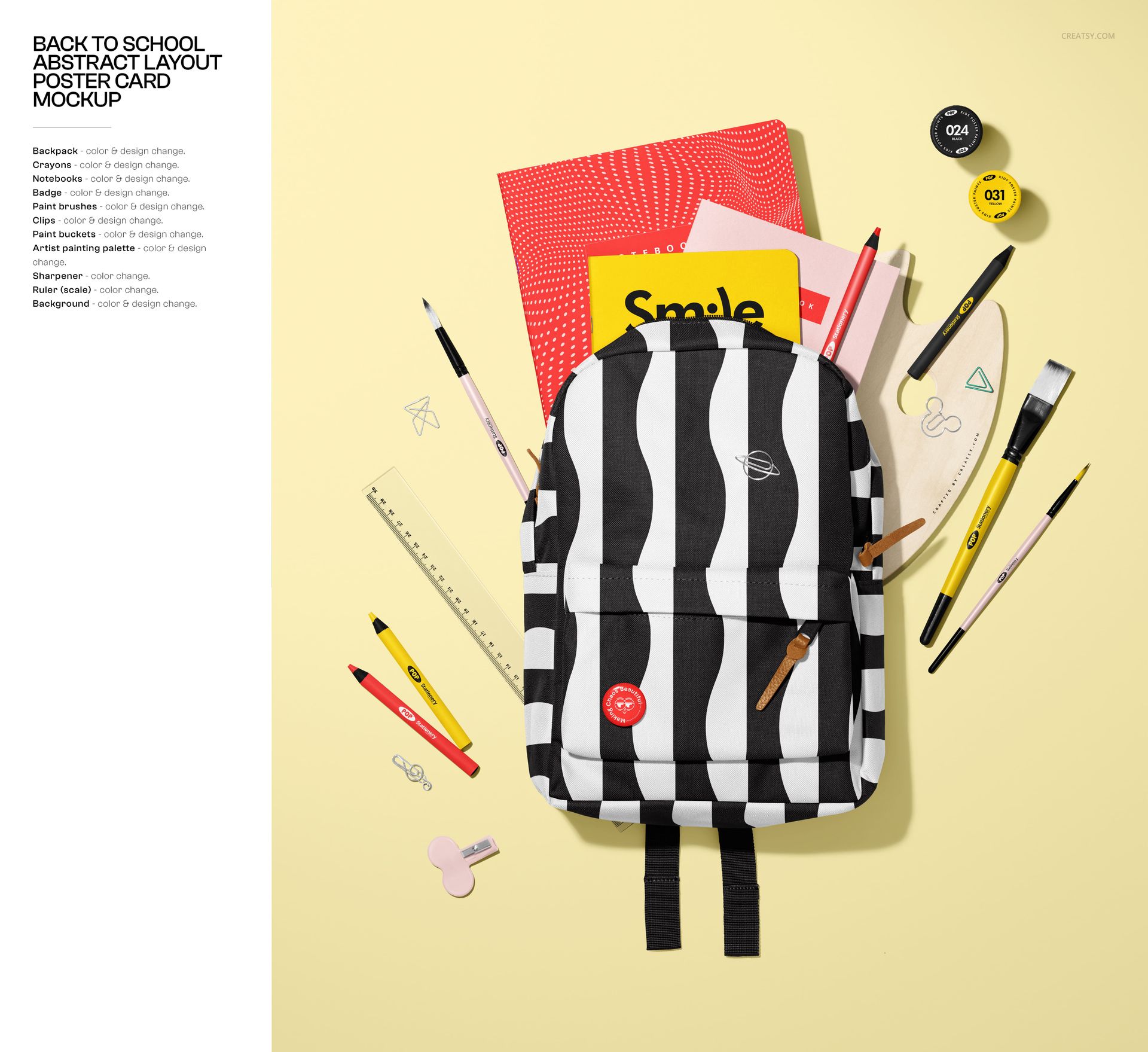 School supplies mockup with a bold patterned backpack, assorted writing tools, ruler, and colorful notebooks arranged neatly.