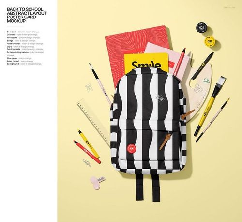 School supplies mockup with a bold patterned backpack, assorted writing tools, ruler, and colorful notebooks arranged neatly.