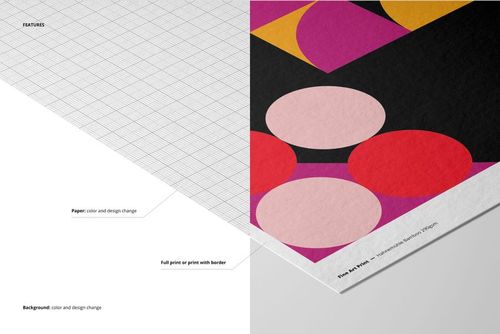 A3 fine art print mockup featuring a geometric design with circles and triangles in pink, orange, and black tones.