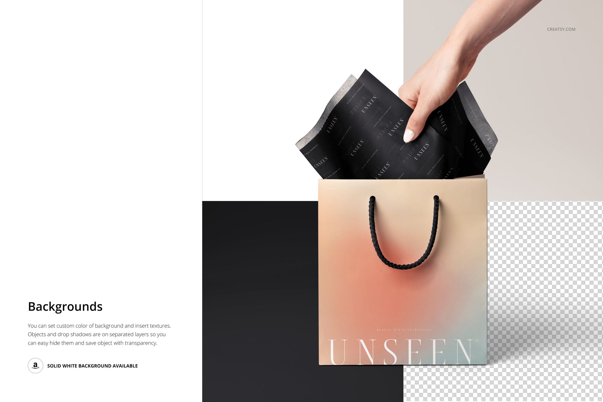 Mockup of a gift bag with soft gradient colors and black tissue paper, displayed with a hand and minimal background.