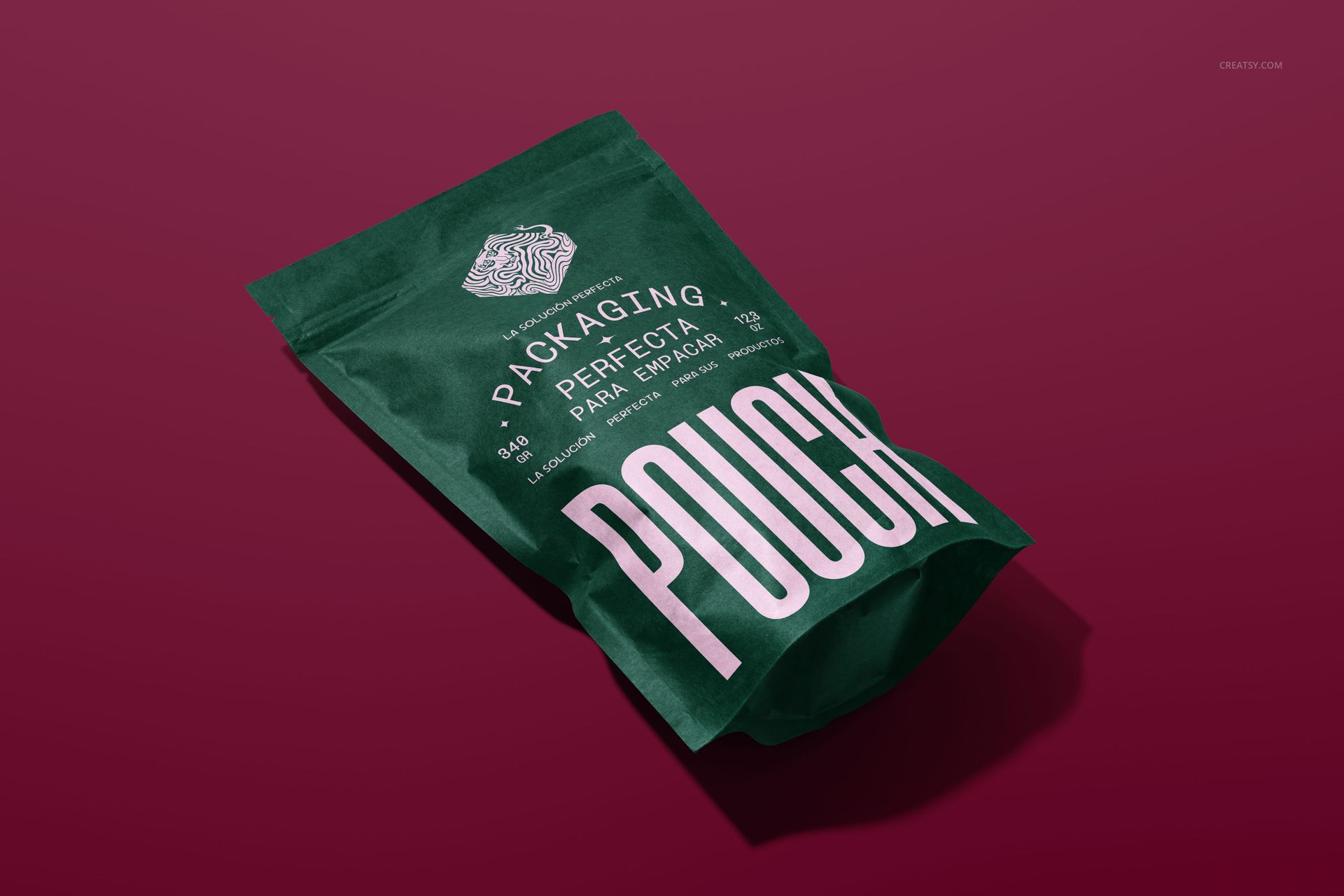 Stand up paper pouch mockup shown in perspective view, featuring large white lettering and a dark green surface.