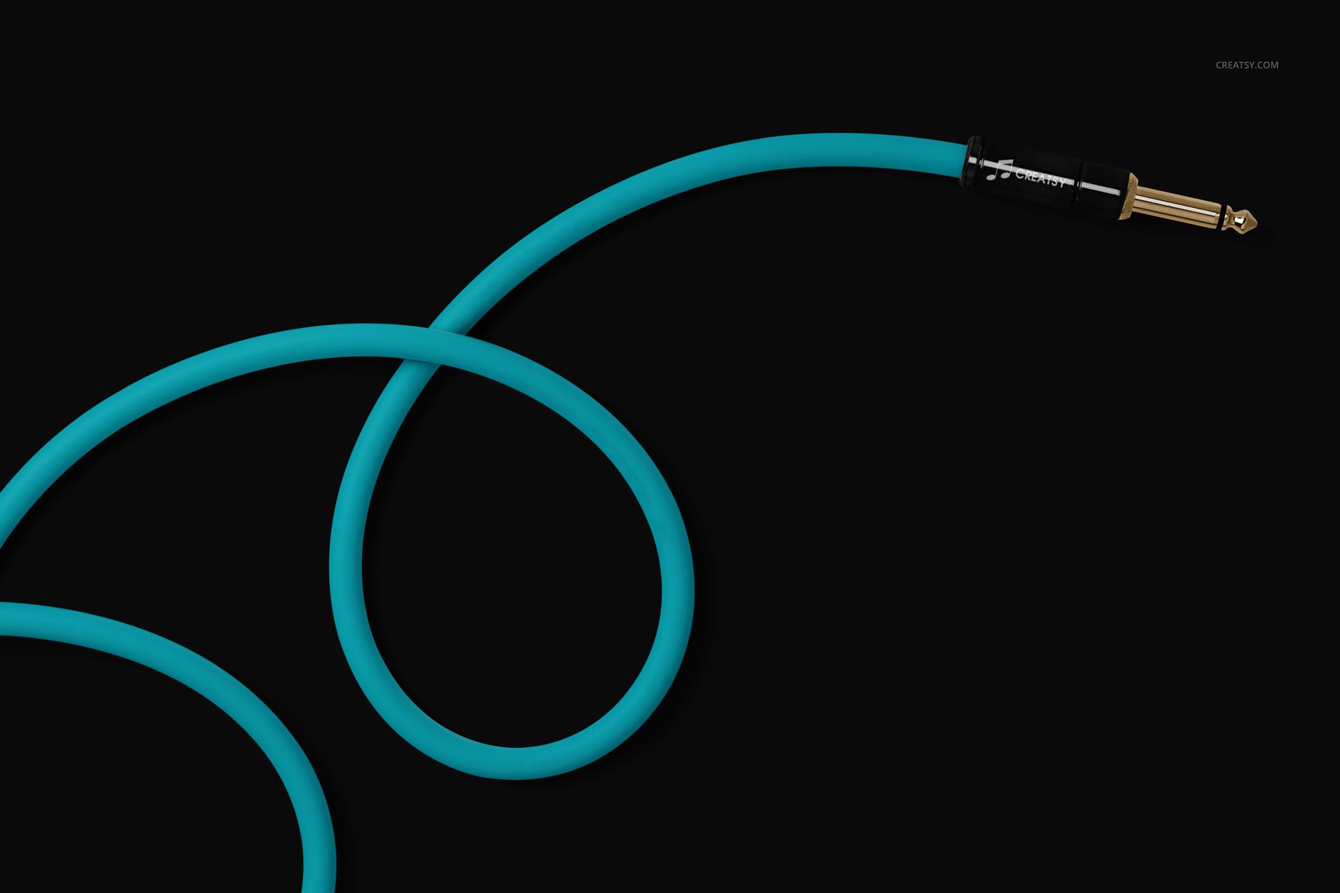 Single turquoise jack cable with gold connector, isolated on a black background, shown in a front view mockup.