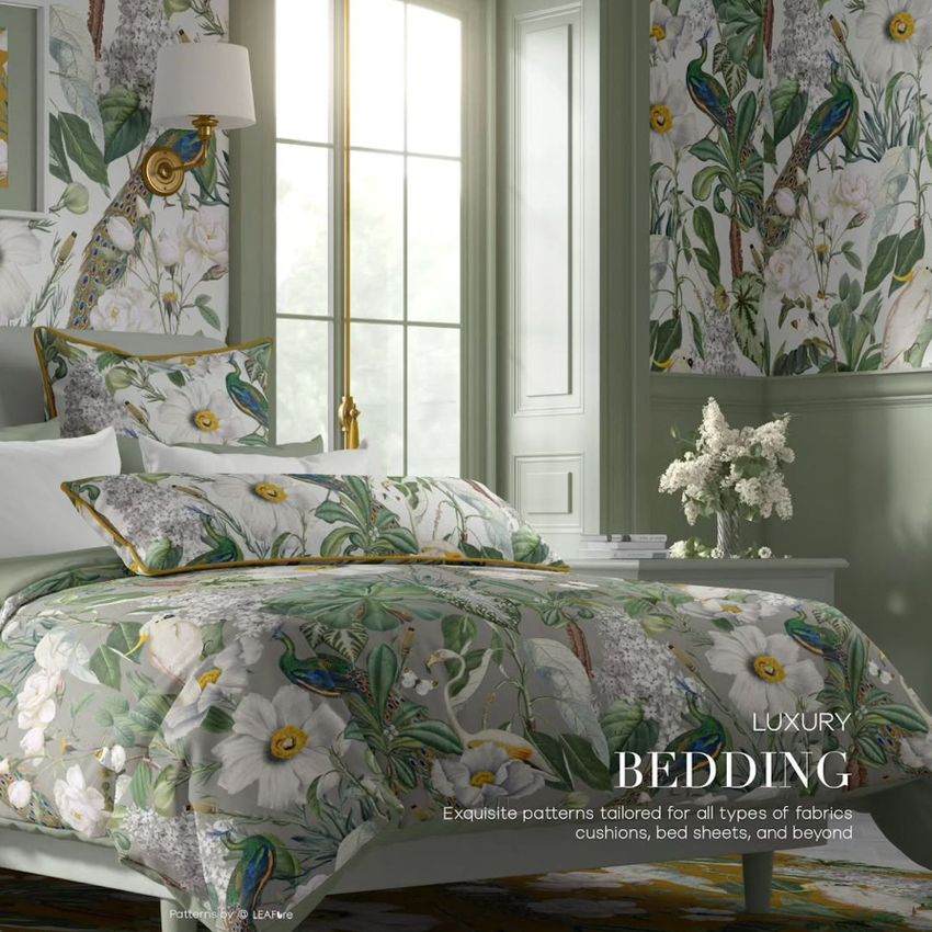 Cottage style bedroom bedding mockup featuring a bed with floral and bird patterned duvet and pillows, set in a sunlit room with matching wallpaper.