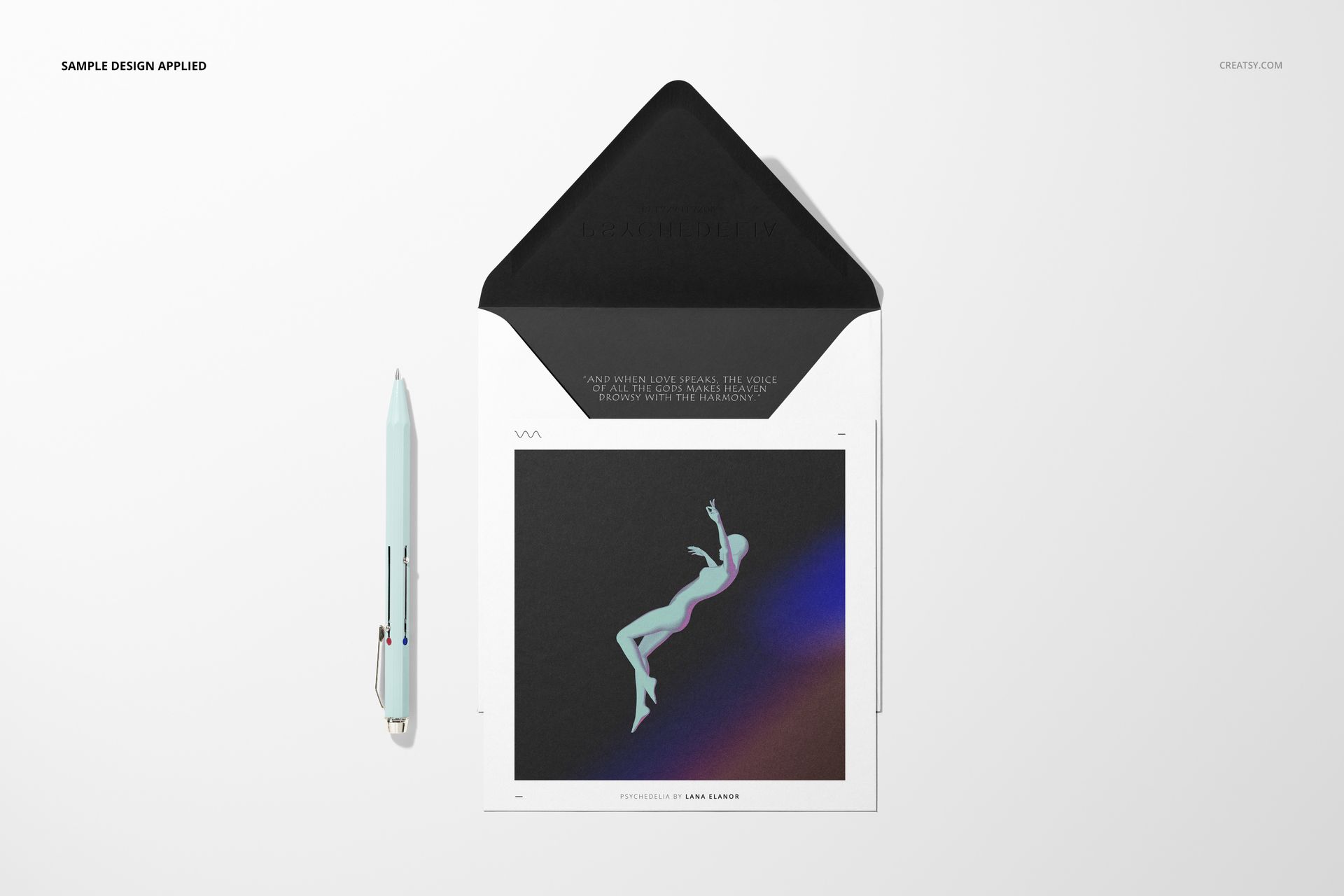 PSD mockup showing a square card with modern illustration inside a black envelope, arranged on a clean white background.