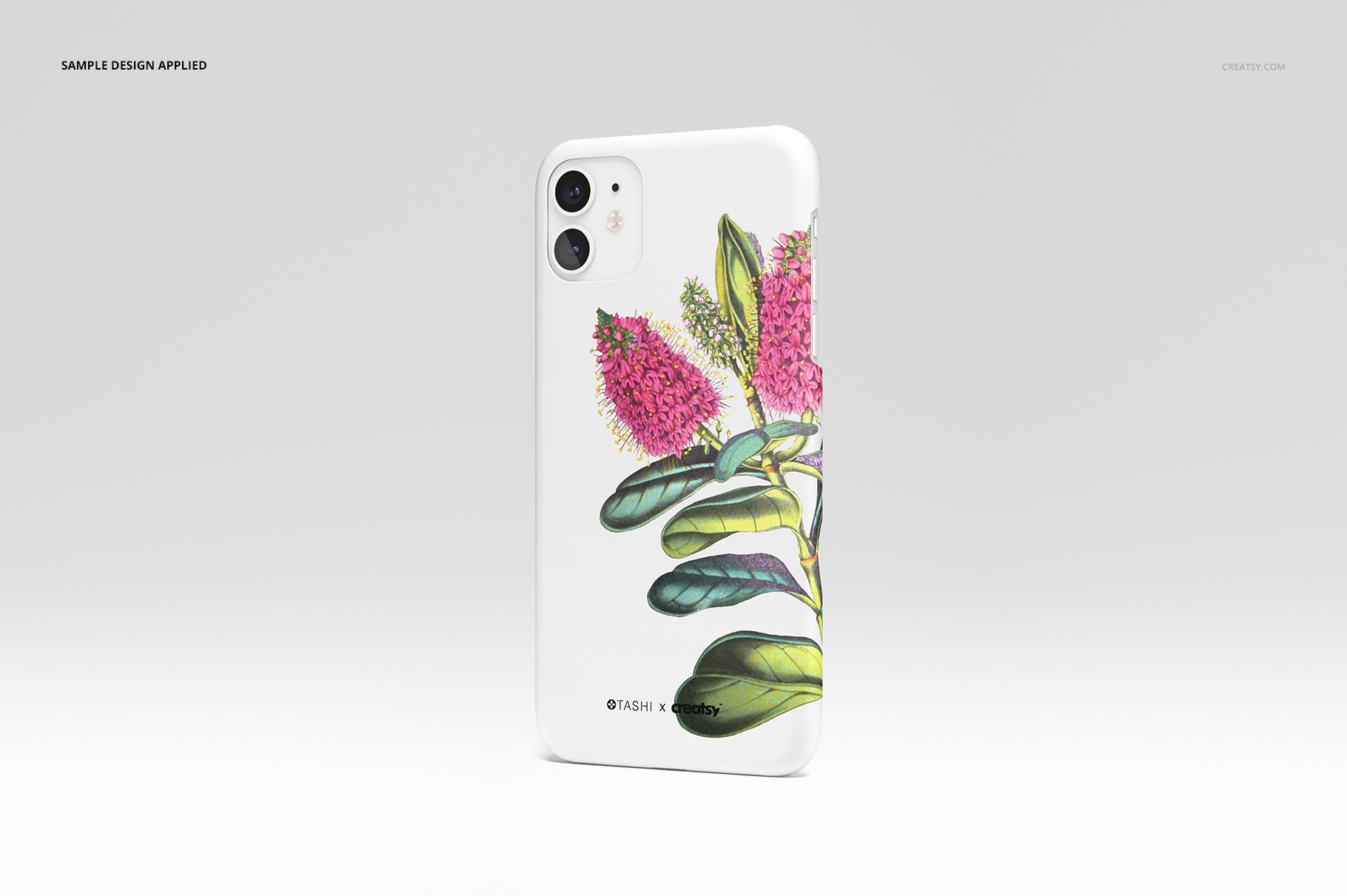 iPhone 11 matte snap case mockup with floral artwork in pink and green, displayed against a light gray background.