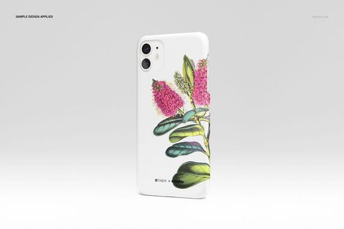 iPhone 11 matte snap case mockup with floral artwork in pink and green, displayed against a light gray background.