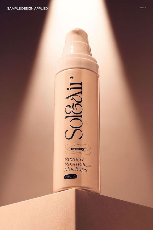 Front view of a beige foam pump bottle mockup for cosmetics, placed on a pedestal with soft shadows and warm tones.