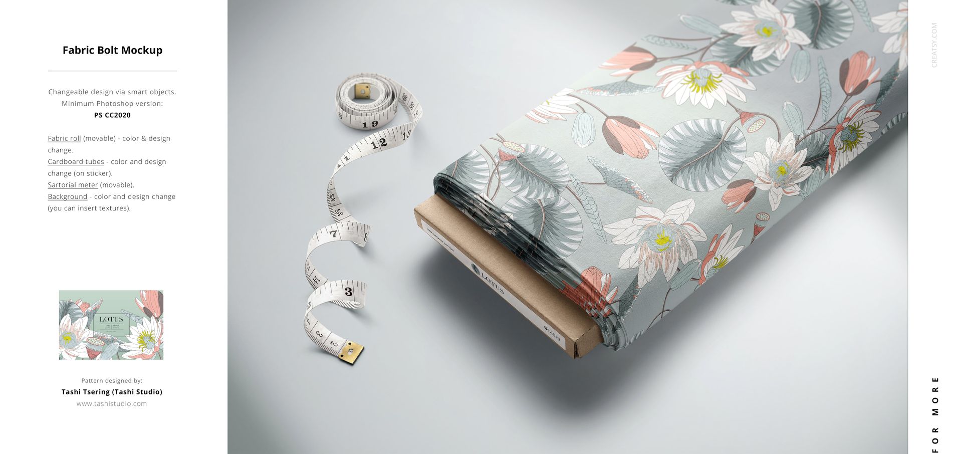 Fabric bolt mockup featuring a botanical design in soft gray, pink, and white tones, shown with a measuring tape nearby.