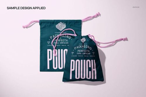 Flat and filled drawstring pouches mockup featuring teal fabric, pink cords, and bold white typography design.