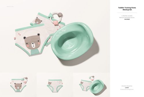 Toddler training pants mockup featuring playful bear design and mint potty, displayed with soft shadows.