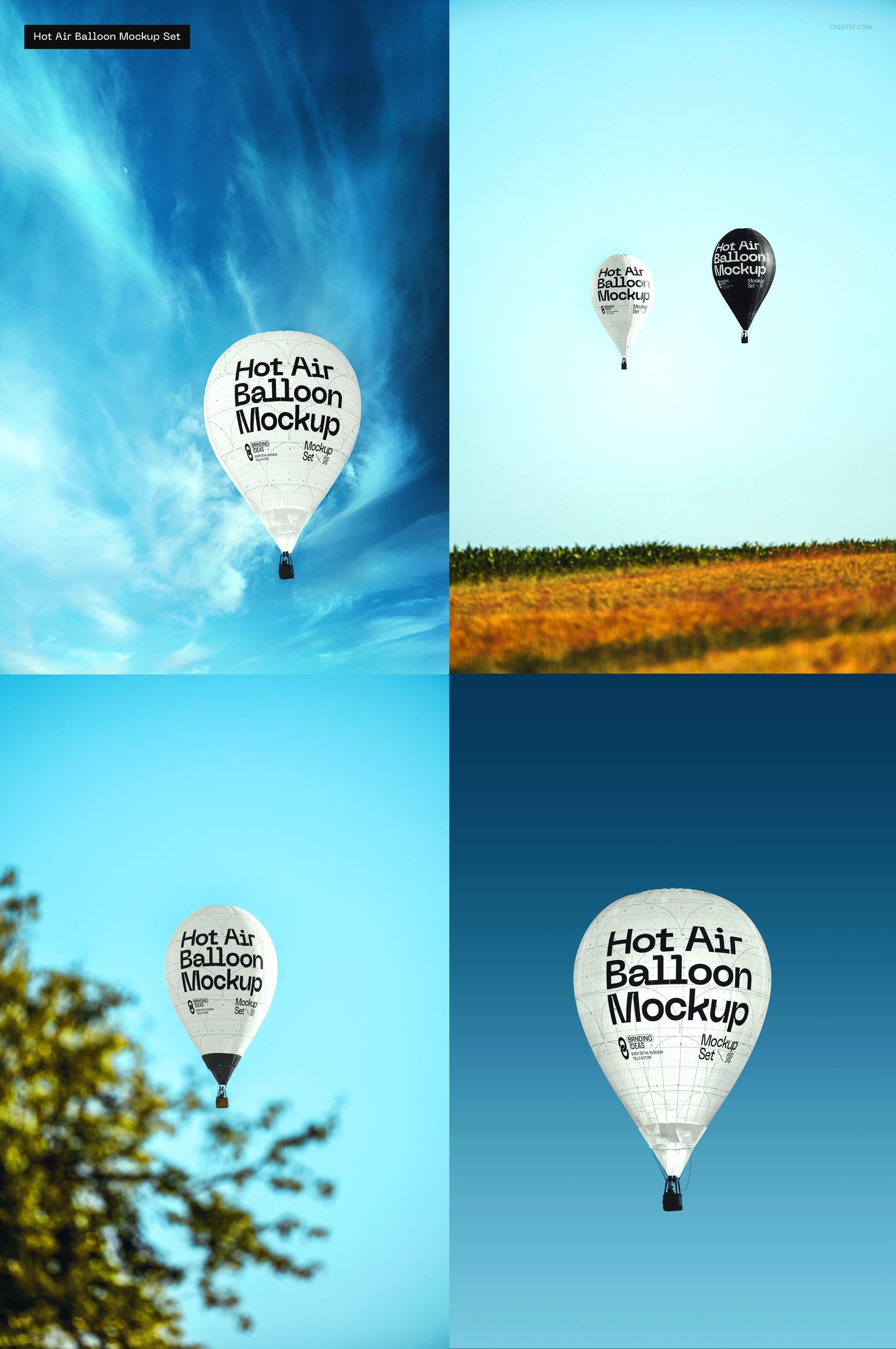 Hot air balloon mockup with editable surface floating in a clear blue sky above a grassy field, shown from various angles.