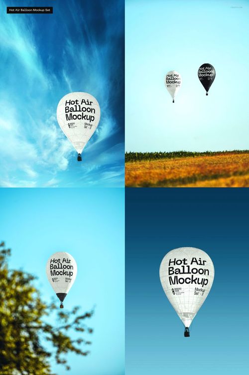 Hot air balloon mockup with editable surface floating in a clear blue sky above a grassy field, shown from various angles.
