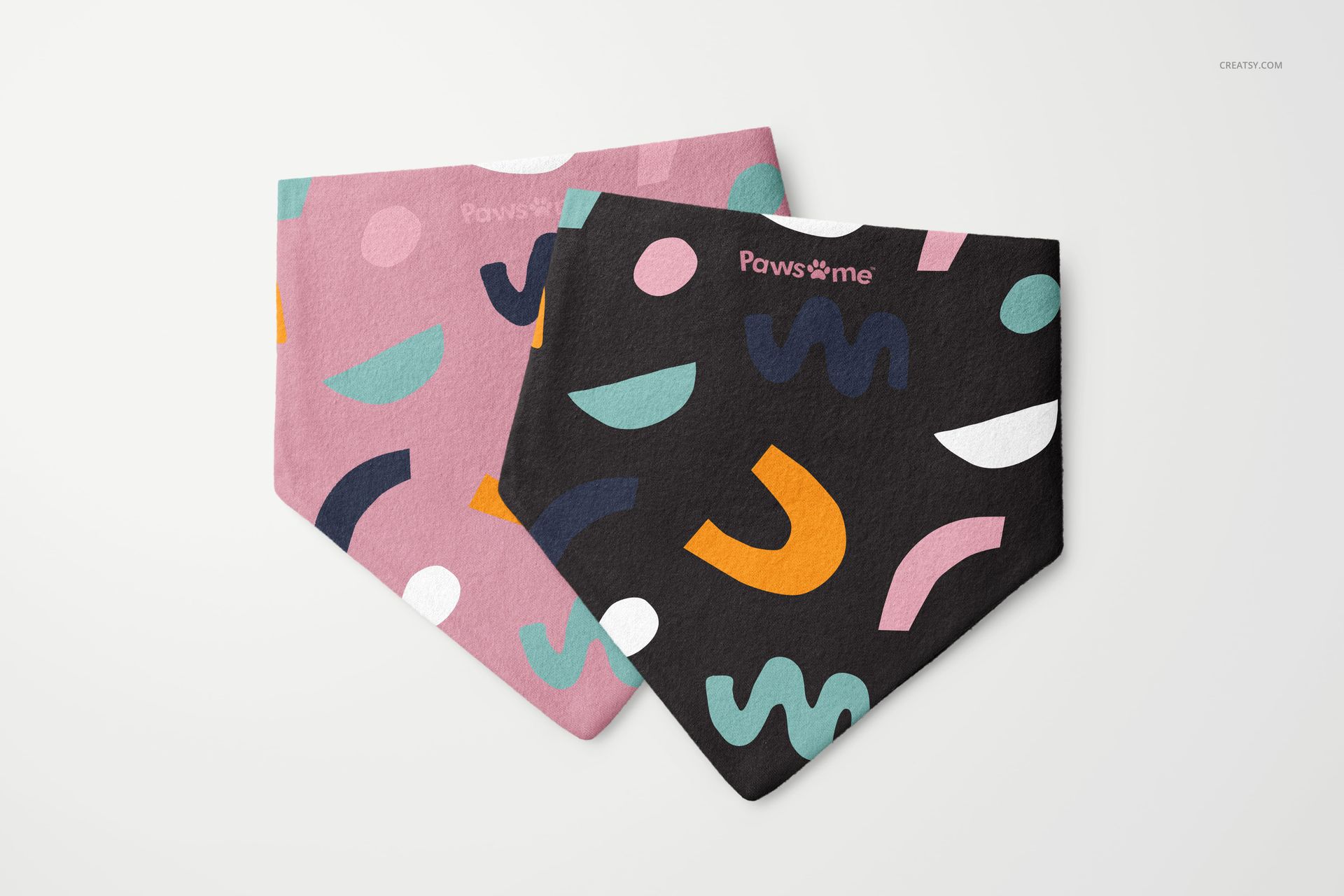 Flannel dog scrunchie bandana PSD mockup featuring two bandanas with colorful shapes, shown from a top view.