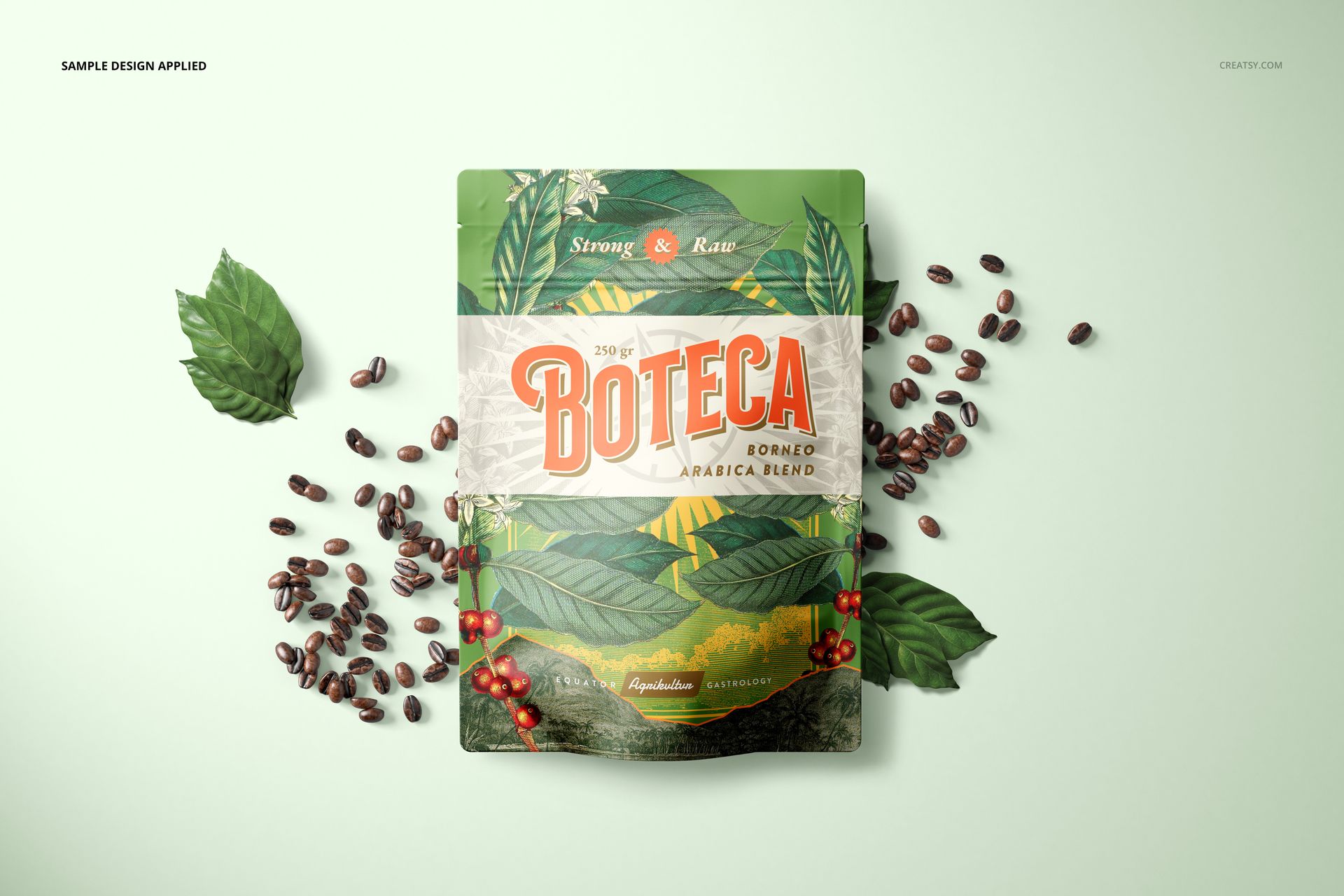 Doypack bag pouch mockup featuring a leafy pattern and coffee beans, shown from the front on a pale surface.