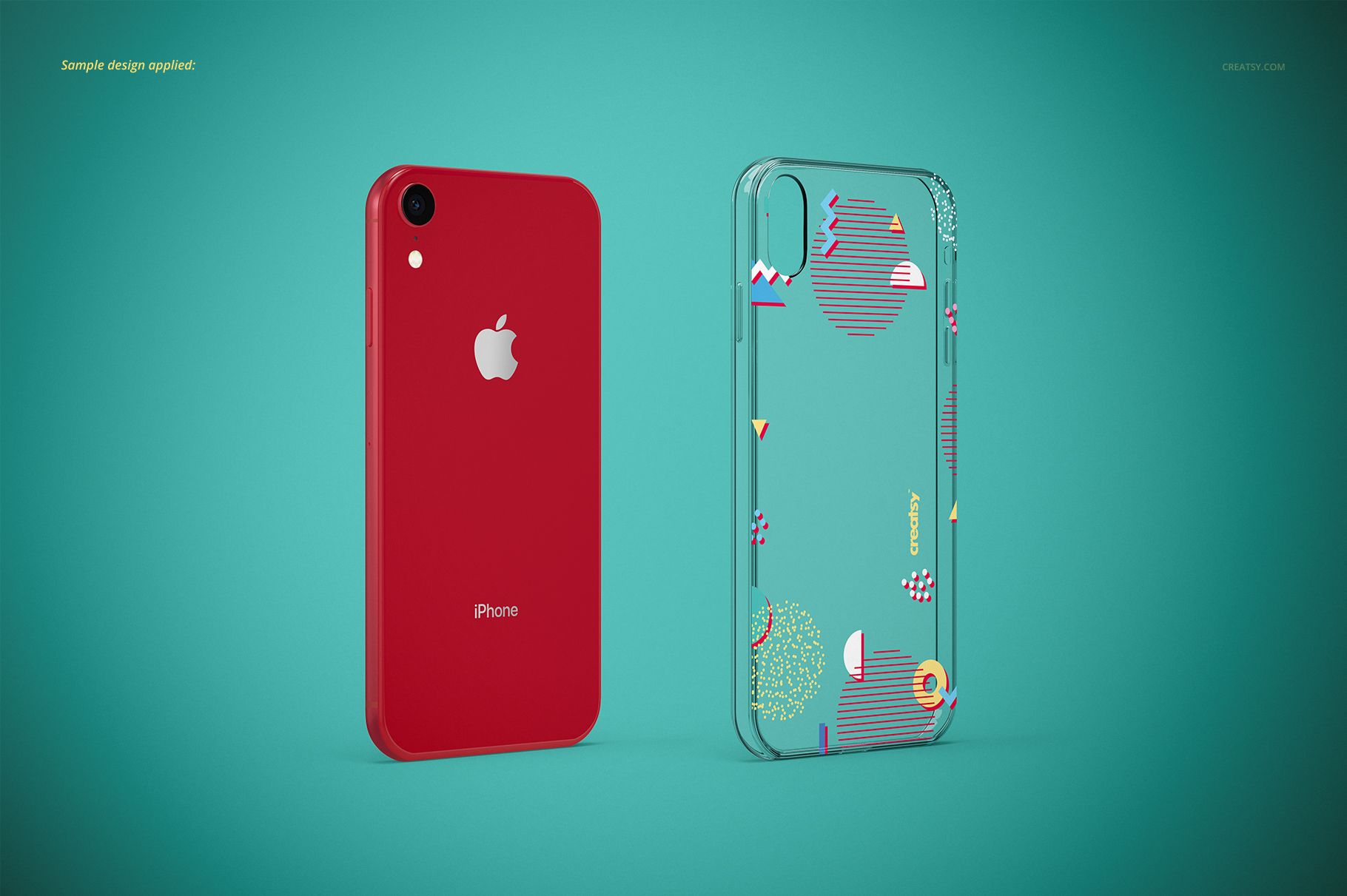 iPhone XR clear case mockup showing a red phone and a clear case with abstract shapes on a solid teal backdrop.