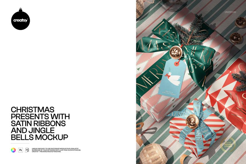 PSD mockup featuring assorted Christmas presents tied with satin ribbons and decorated with jingle bells and tags.