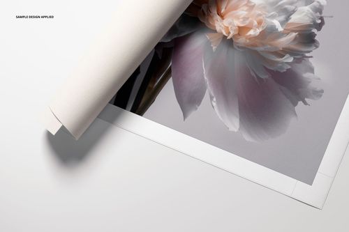 Rolled canvas print mockup showing a partially unrolled artwork with a detailed flower pattern and neutral background.