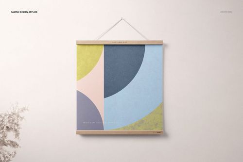 Front view of a wooden poster hanger mockup holding a square poster with pastel geometric shapes against a neutral background.