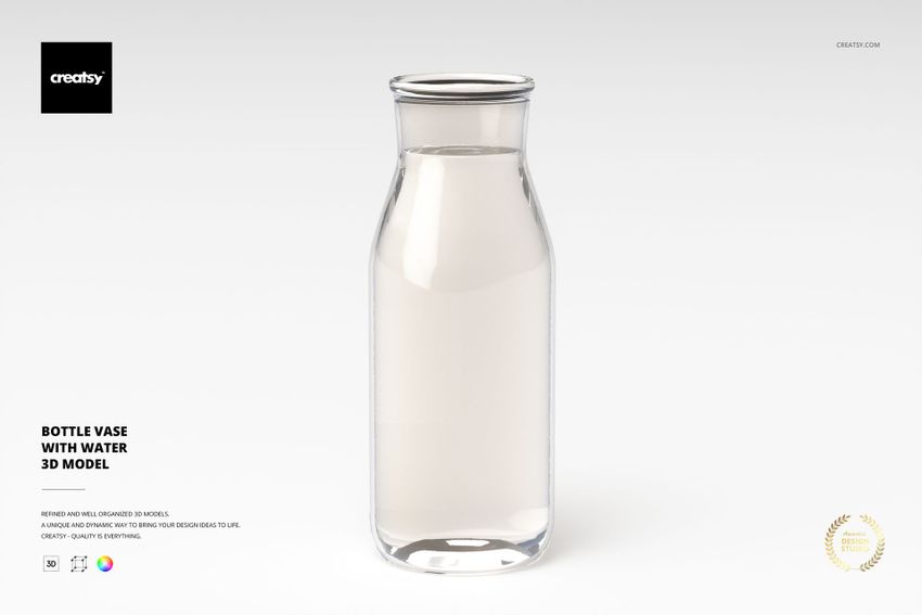 Clear glass bottle vase filled with water, shown in a front view on a plain white background.