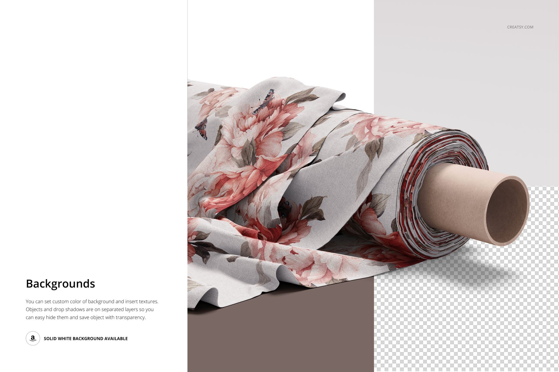 Rolled fabric featuring a soft pink and gray flower design, shown in a realistic PSD mockup with a white background.