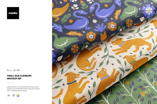 Layered twill silk textile mockup displaying vibrant designs of animals and flowers from a side perspective.