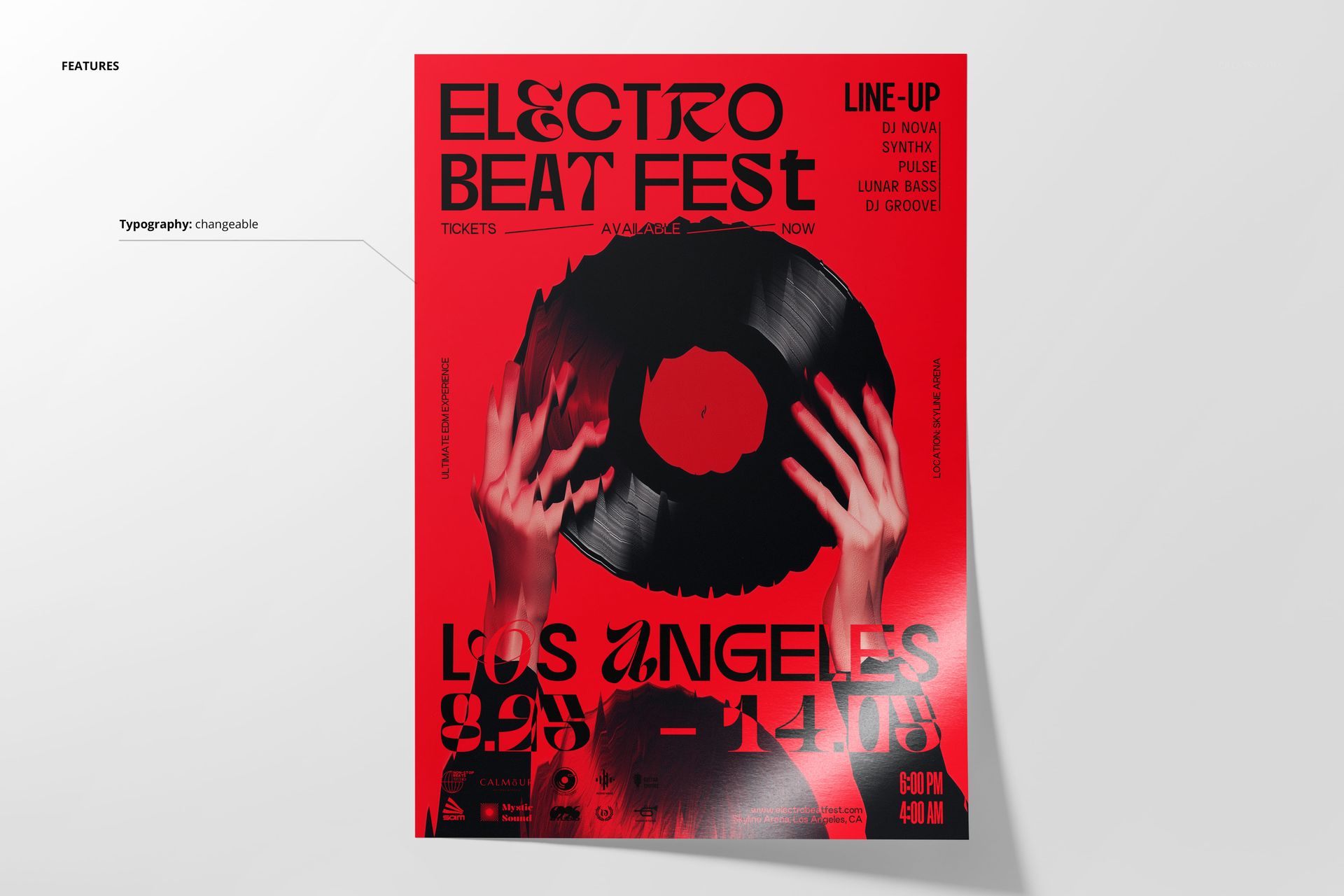 PSD mockup of a crimson poster with a large vinyl record, black typography, and festival information displayed prominently.