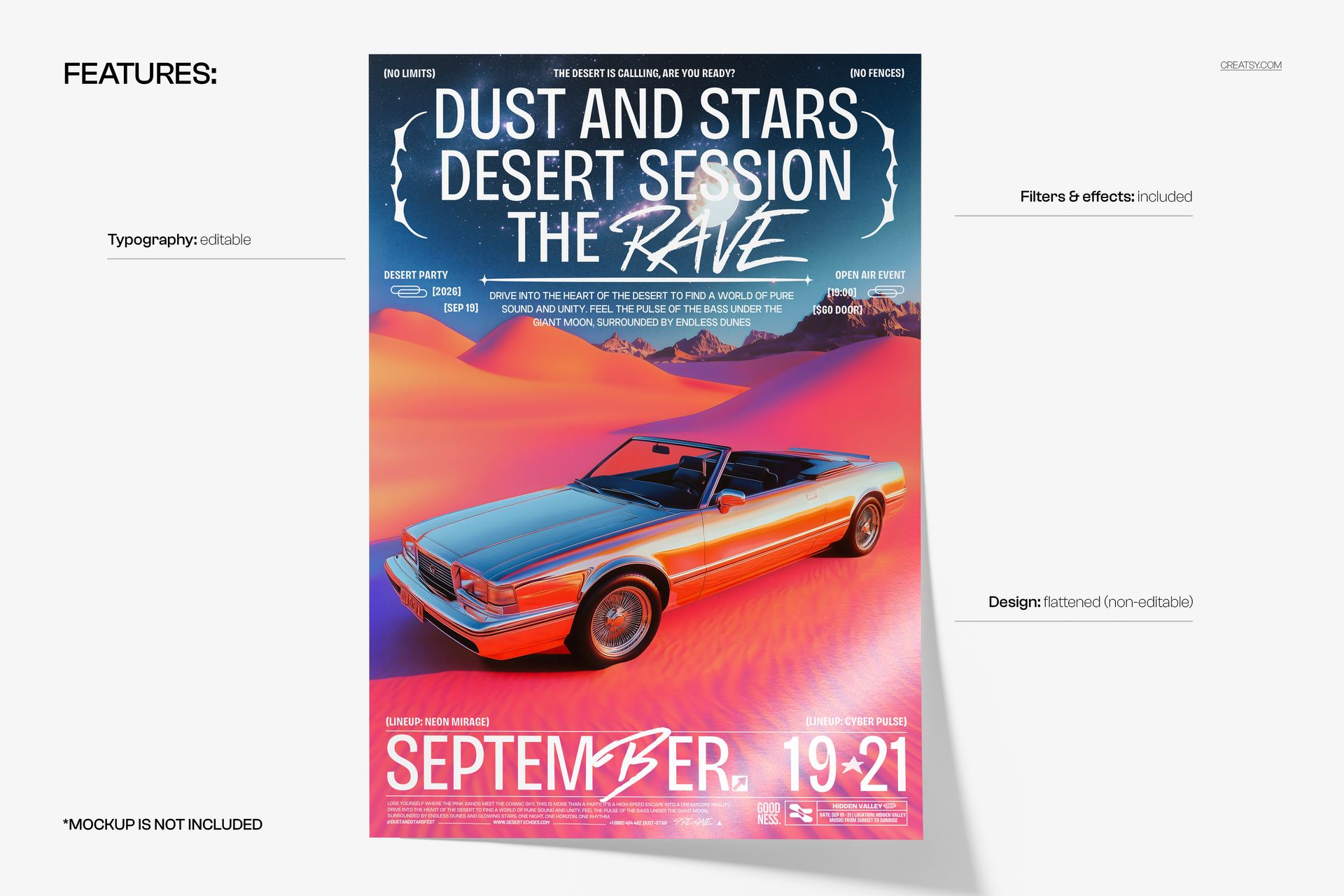 Poster mockup featuring a vintage car driving through vibrant sand dunes with large event text and a sunset sky.