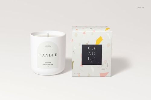 Nordic style candle in a white vessel next to a patterned box, shown on a light background in a front view mockup.