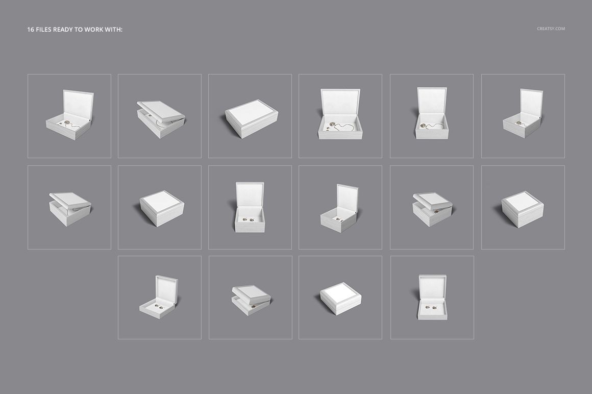 PSD mockup featuring an assortment of white jewelry boxes with ceramic tile tops, displayed in open and closed views.
