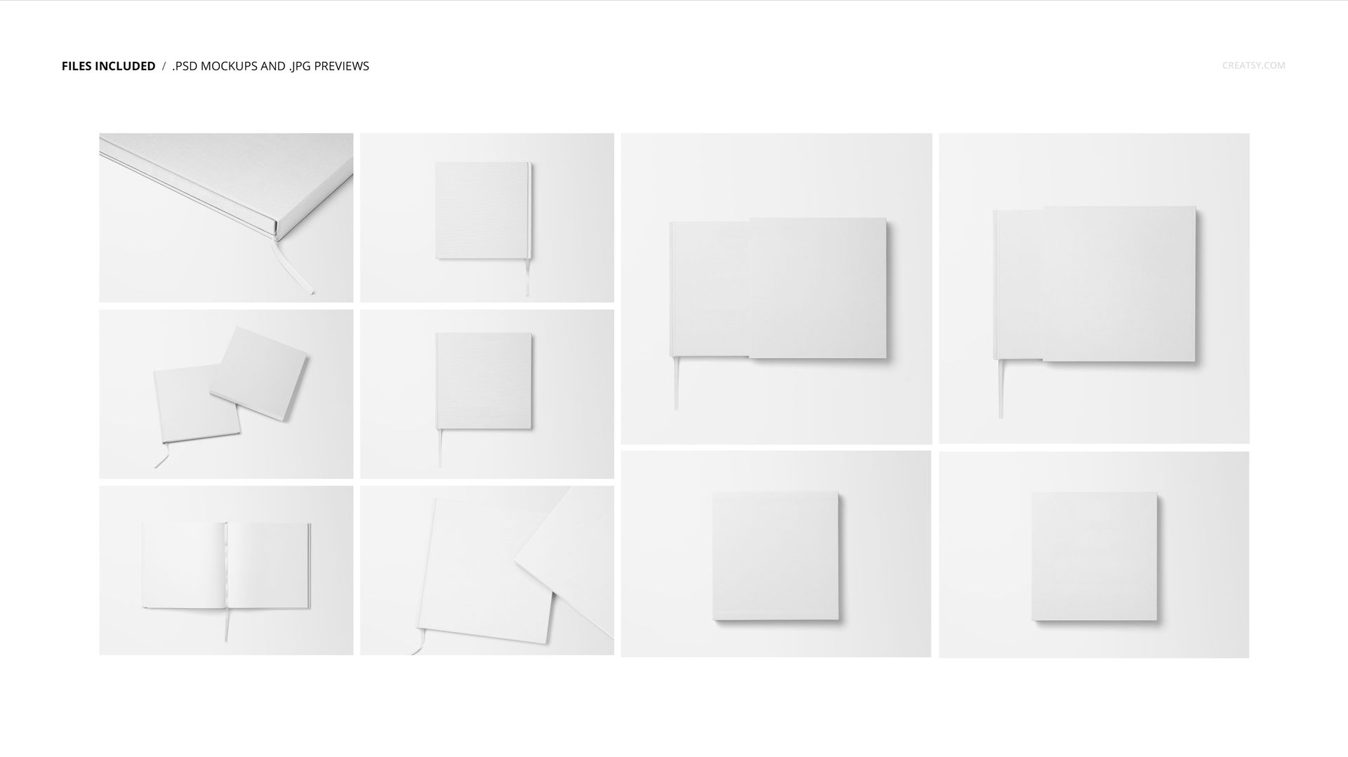 Hardcover book and sleeve mockup set showing various angles, including top view, front view, and open pages on a white background.