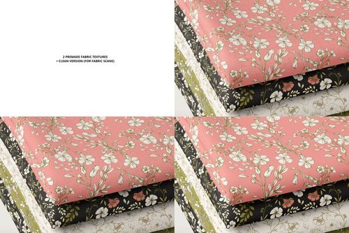 Front view of a layered fabric stack featuring floral designs in pink, green, and white, shown in a mockup template.