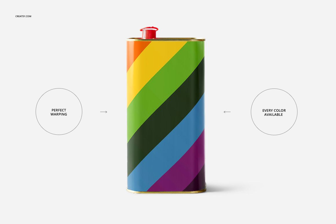 Rectangular olive oil tin mockup featuring bold diagonal rainbow stripes and a red lid, displayed on a plain white surface.