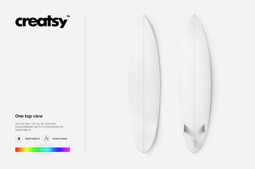 PSD mockup displaying two white surfboards from above, arranged parallel on a clean, light background.
