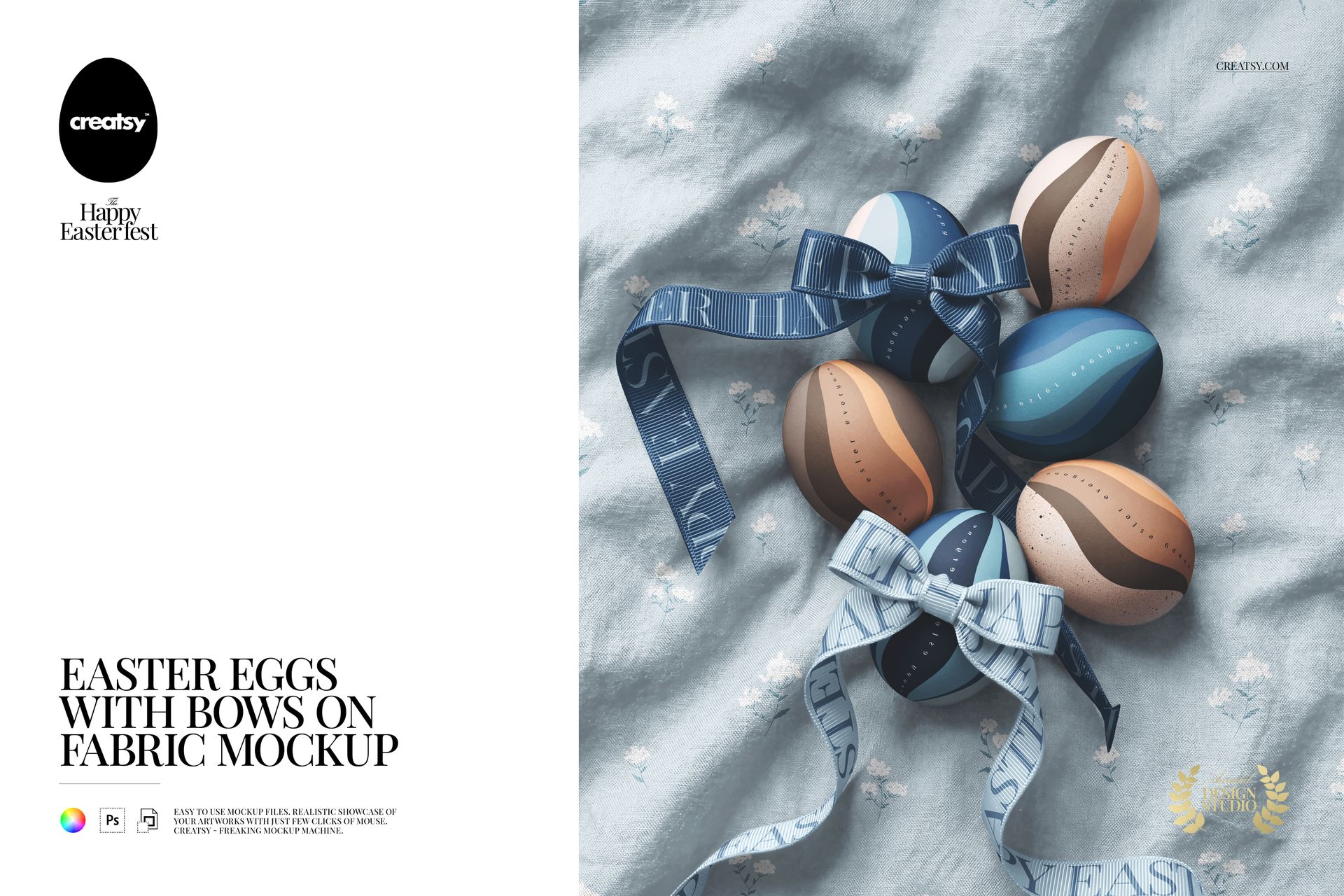 Top view of Easter eggs with blue and brown patterns, decorated with bows, arranged on light fabric in a PSD mockup.