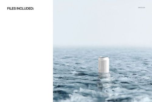Minimalist beverage can mockup floating upright on a calm water surface, viewed from the front in soft lighting.