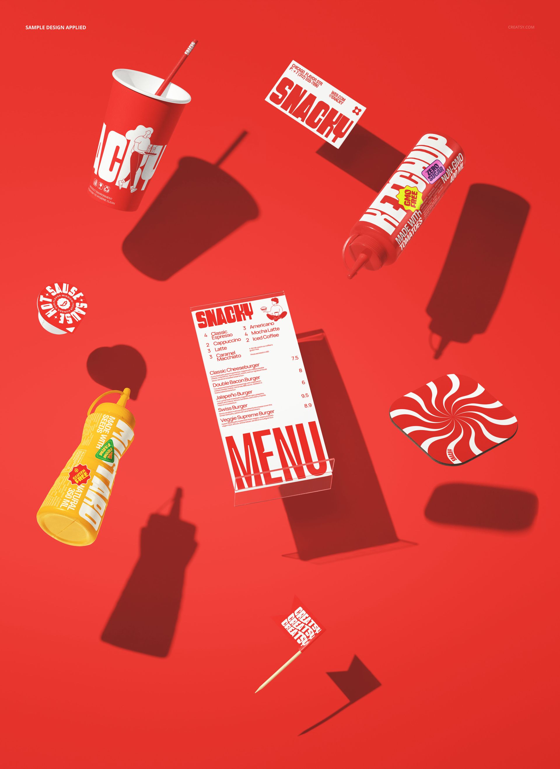 Floating fast food packaging mockup with cups, bottles, menu card, and branded wrappers on a vibrant red background.