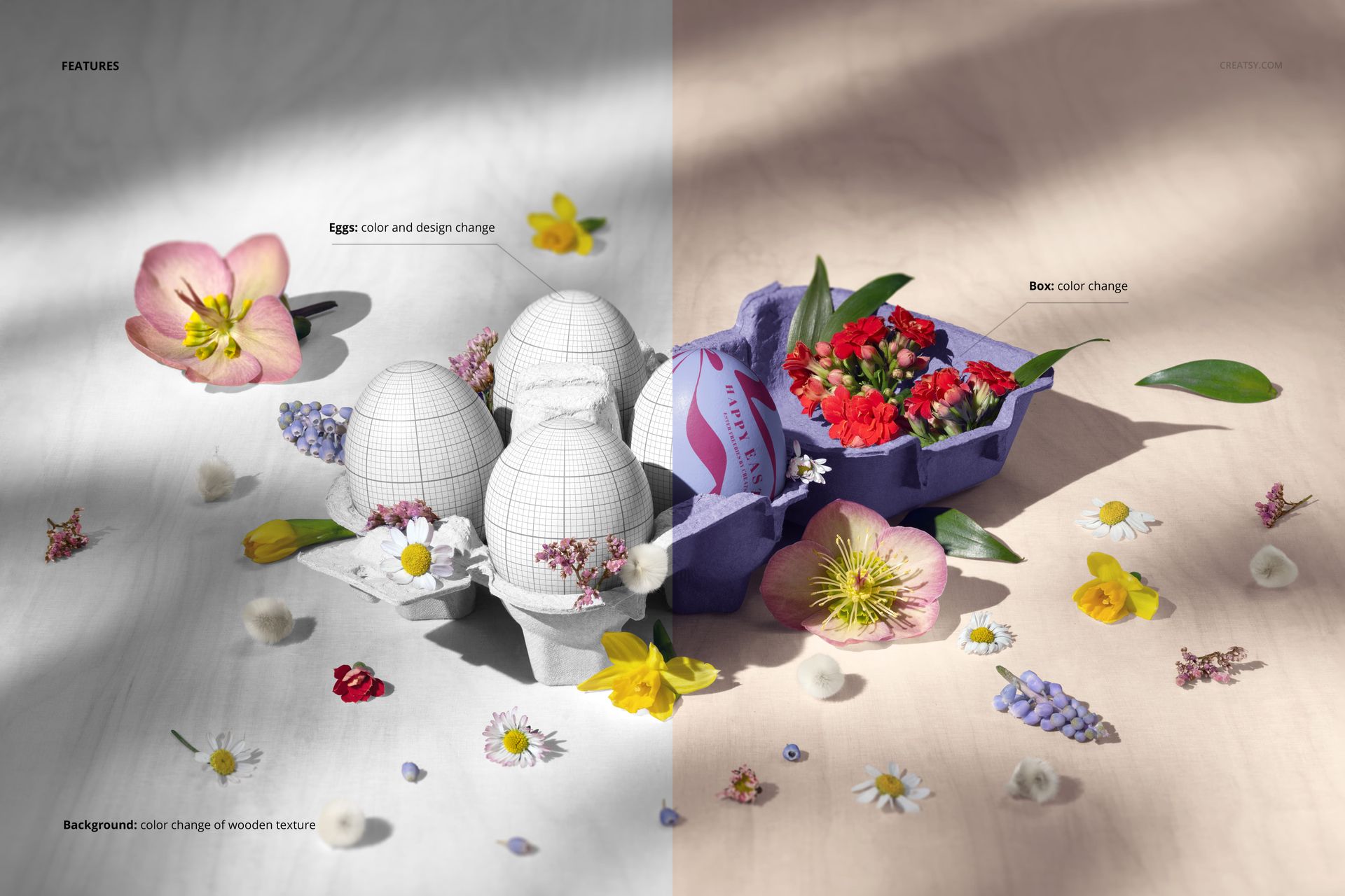 Six eggs arranged in a purple carton surrounded by assorted spring flowers, shown from a top angle in a PSD mockup.