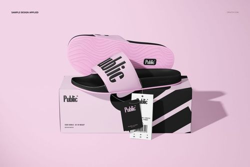 PSD mockup of slip-on sandals with a black sole and pink strap, arranged on a striped box with tags in a studio setting.