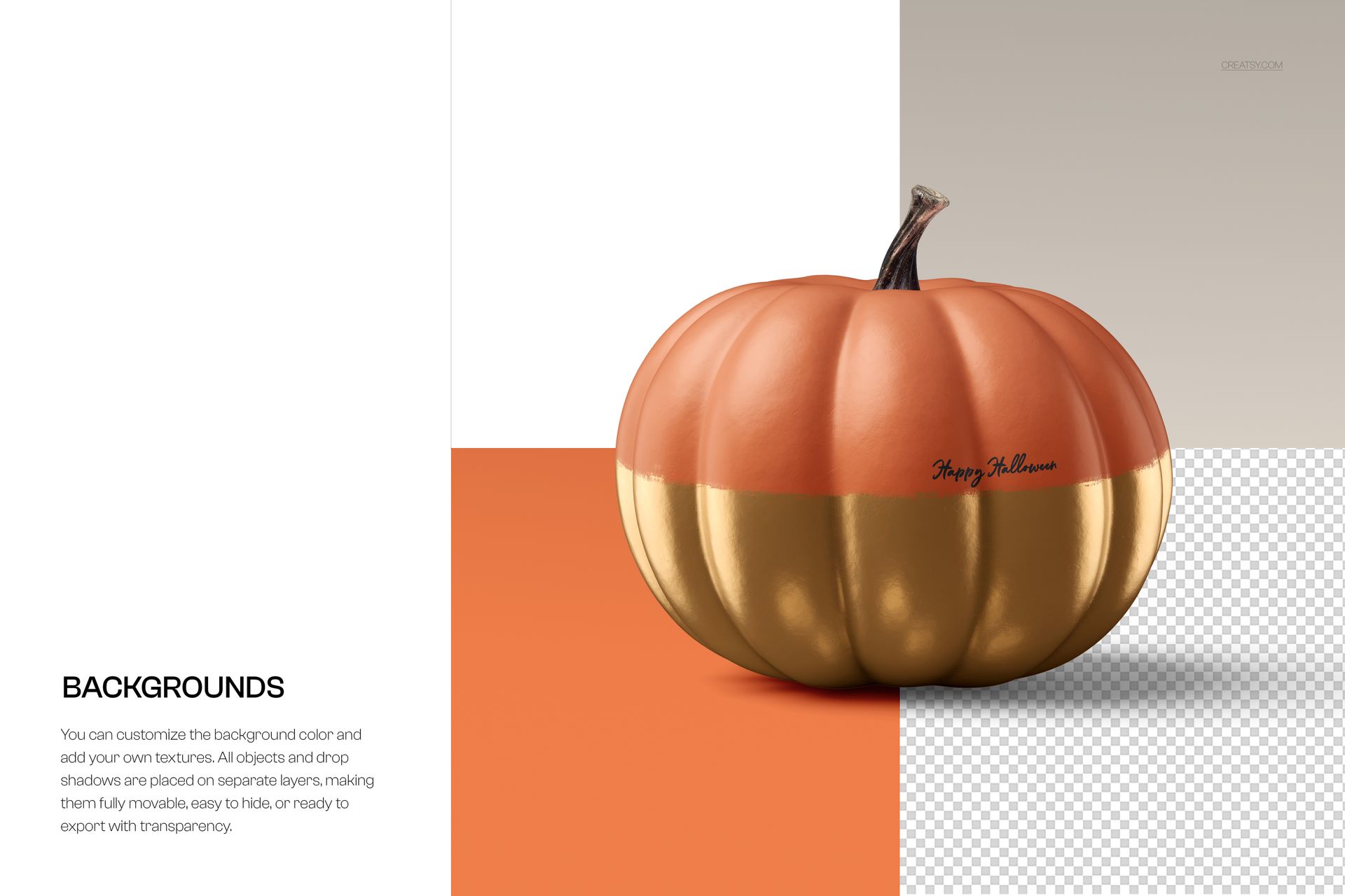 Front view of a pumpkin mockup with orange and gold color, placed against a split background in a Halloween scene.