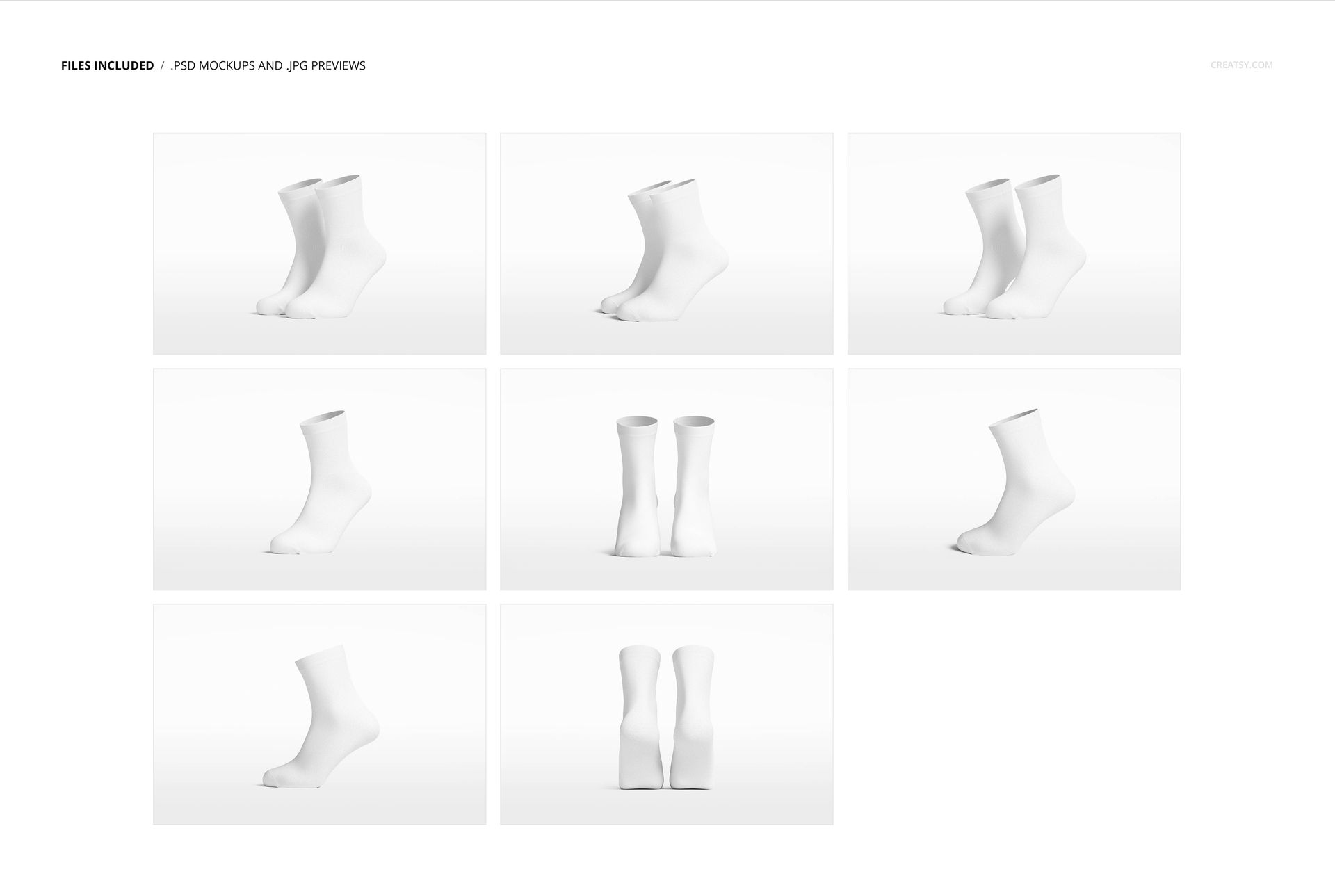 Set of short white socks displayed in nine different angles on a plain white background for mockup purposes.