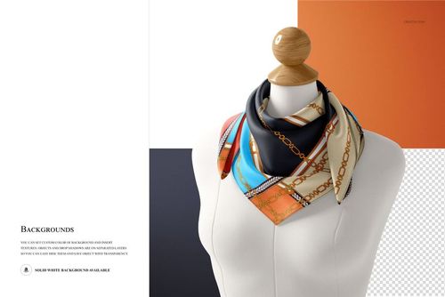 Front view of a mannequin torso with a silk scarf mockup draped around the neck, featuring chain and geometric patterns.