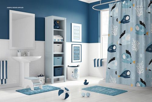 PSD mockup of a kids bathroom with a marine-themed shower curtain, blue accents, and matching decor elements.